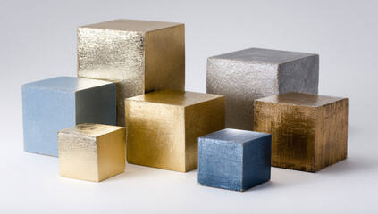 A group of cubes of different shades and sizes, neatly arranged on top of each other. The background is white and the soft lighting highlights the metallic glow of the gold and blue colors
