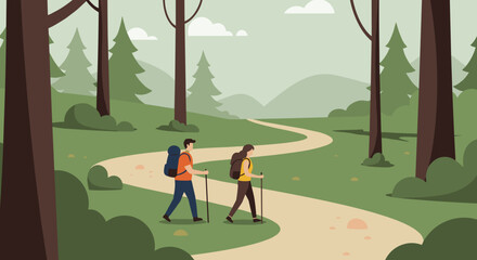 Hiking adventure scenic forest trail digital illustration serene nature side view outdoor exploration. Vector illustration