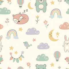 Fototapeta premium Seamless Pastel Sleeping Animal Pattern with Fox, Bear, Bunny, Bird, Moon, Stars, Clouds, Rainbow, Flowers, and Hot Air Balloon for Kids