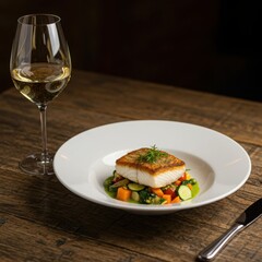Elegant pan seared fish dish with white wine and vegetables