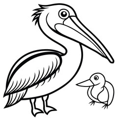 Fototapeta premium Vector art of a simple black and white outline drawing of a pelican with its baby, isolated on white background