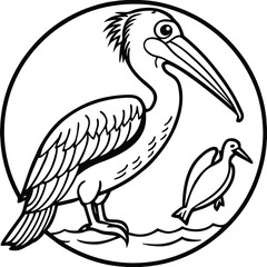 Fototapeta premium Vector art of a pelican and its baby in a circular frame with water, isolated on white background