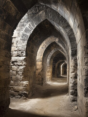 A mysterious stone corridor with arched ceilings, illuminated softly, showcasing ancient architecture and an inviting pathway into the depths.