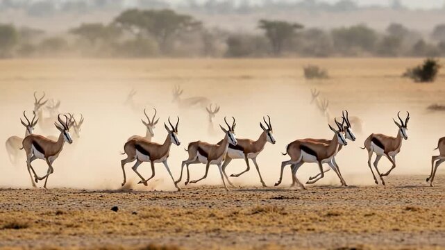 A Herd of Springboks in Full Flight Across the Savannah