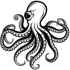 Fototapeta premium Vector art of stylized black and white illustration of an octopus with swirling tentacles, isolated on white background