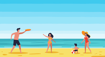 Family fun at the beach coastal vibes vibrant scene of play and sun joyful memories in a scenic environment. Vector illustration