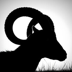 Artistic black and white silhouette of a wild ram. The powerful profile highlights the magnificent curling horns of a bighorn sheep.