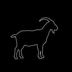 Minimalist white outline of a goat standing in profile. Simple farm animal line art illustration on a black background.