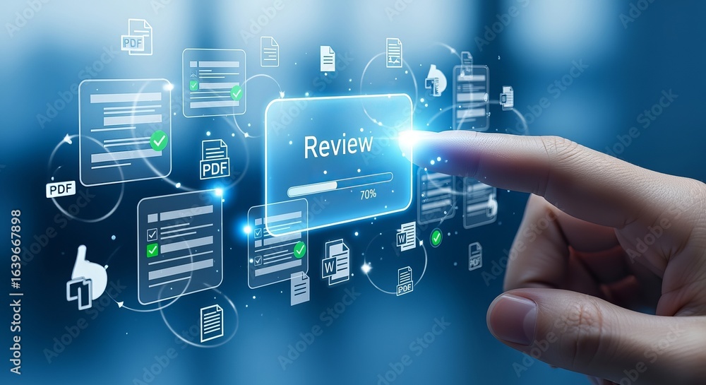 Poster review process with finger touching screen, showing document icons and progress bar, representing di