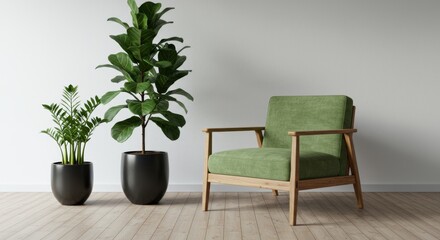 A modern minimalist room showcases a stylish green armchair and lush indoor plants creating a peaceful home ambiance