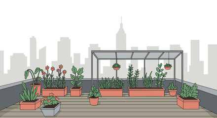 Urban gardening rooftop planting cityscape illustration green environment aerial view sustainable living. Vector illustration