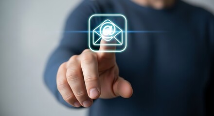 Finger touching a glowing email message icon on a digital interface screen.
