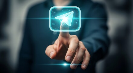 Finger touches a glowing send message paper airplane icon on digital screen.
