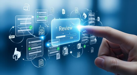 Fototapeta premium Review Process with Finger Touching Screen, Showing Document Icons and Progress Bar, Representing Digital Workflow and Approval on transparent background