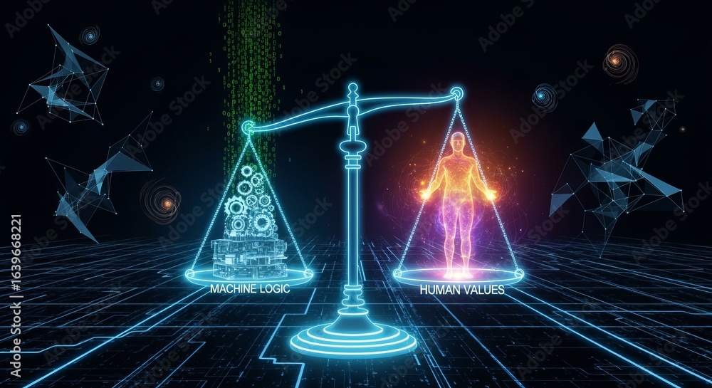 Aufkleber balancing machine logic with human values on scales, digital transformation and ethical ai, technolo