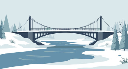 Obraz premium Winter scene snowy bridge over river serene landscape digital art tranquil environment aerial view. Vector illustration