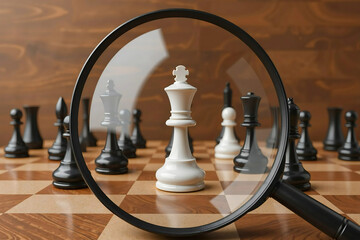 Magnifying glass focusing on white chess king among black chess pieces. Competition and leadership concept
