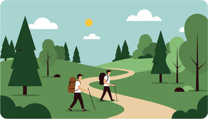Hiking adventure on scenic trails lush forested landscape illustration sunlit daylight outdoor exploration. Vector illustration