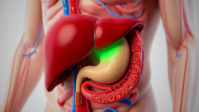 3D medical illustration showing detailed human liver and gallbladder anatomy, with highlighted gallbladder on a realistic anatomical background.