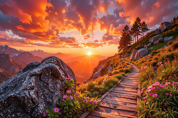 Wooden walkway in a valley at golden sunset in the evening. Sunset over mountain boardwalk with wildflowers