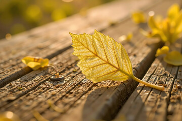 Close up of veined golden yellow autumn Leaf on a weathered wood plank, Solitary leaf in warm sunlight. 