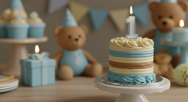 Charming first birthday celebration cake with number one candle and cute teddy bears creating a sweet and memorable moment