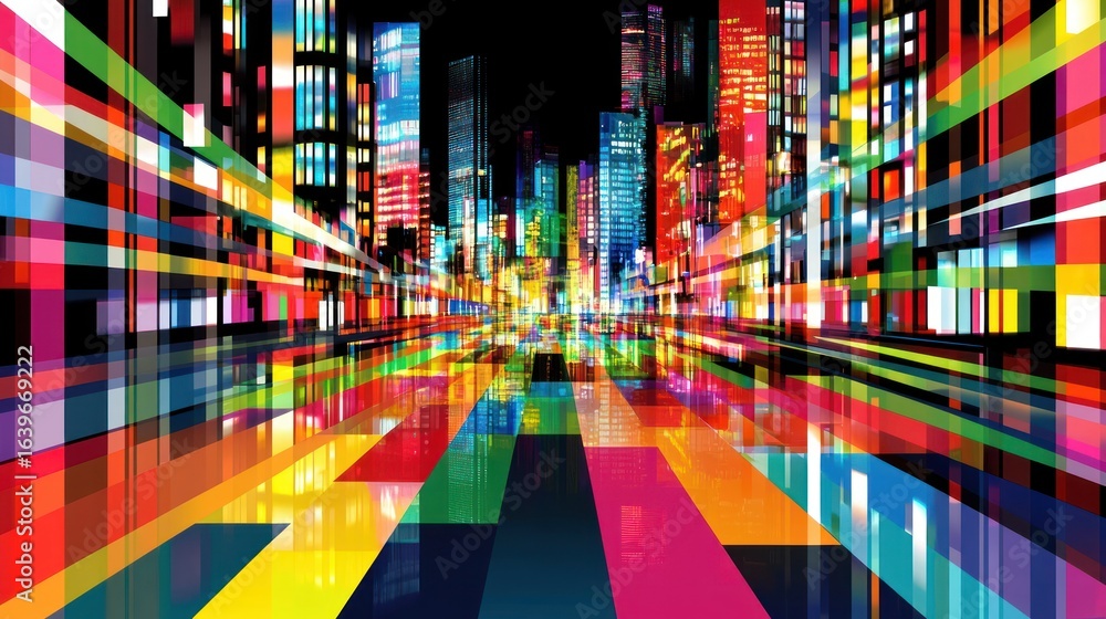 Poster vibrant abstract cityscape with dynamic light trails and colorful architecture