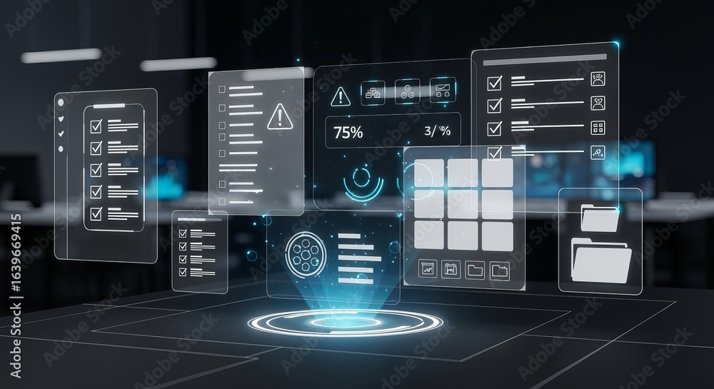 Poster futuristic interface with data visualization, checklists, and progress indicators on a dark backgrou