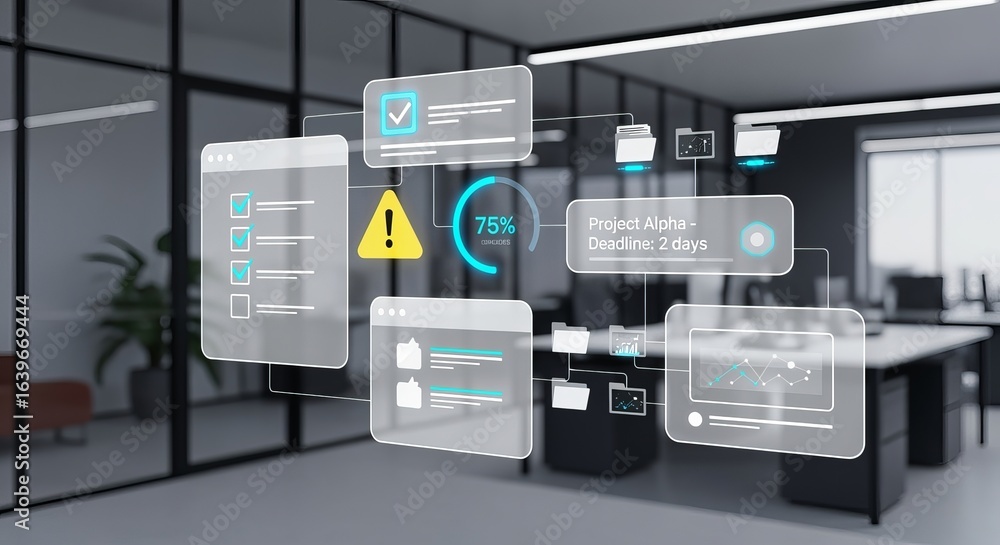 Poster project management workflow with digital interface in modern office, showing task progress, deadline