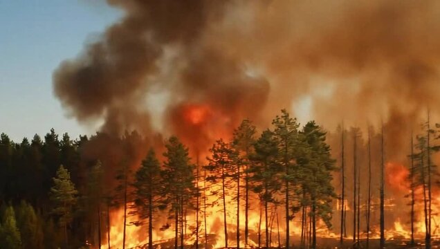 Wildfire Raging Through the Forest &ndash; A lush pine forest is being consumed by a raging wildfire, demonstrating a sudden and drastic change