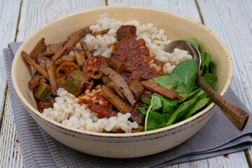 Seitan and okra curry over brown rice