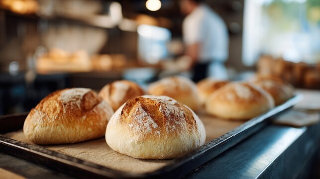 Close up of freshly baked artisan bread loaves dusted with flour on  metal tray with  blurred baker in  background