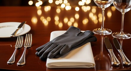 Mysterious evening affair with black gloves laid on an elegant formal dining table set for a special occasion