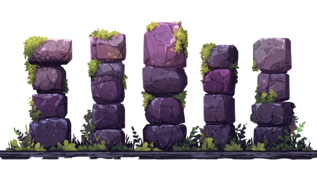 Pixel art of five large, vertically stacked, stone pillars.  Moss and small plants grow on the surfaces.  The stones have a rough, textured appearance.  Dark background