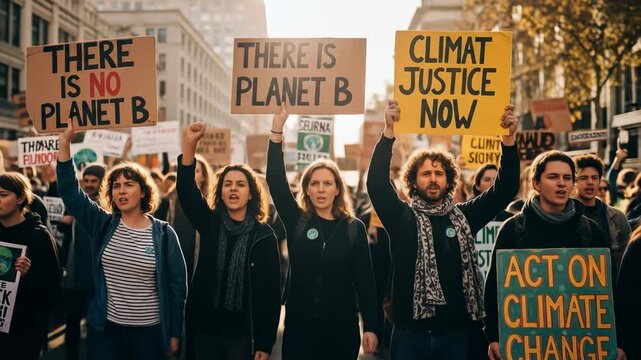 There is no Planet B. Group of diverse young activists marching in a climate change protest. People holding signs for climate justice now.