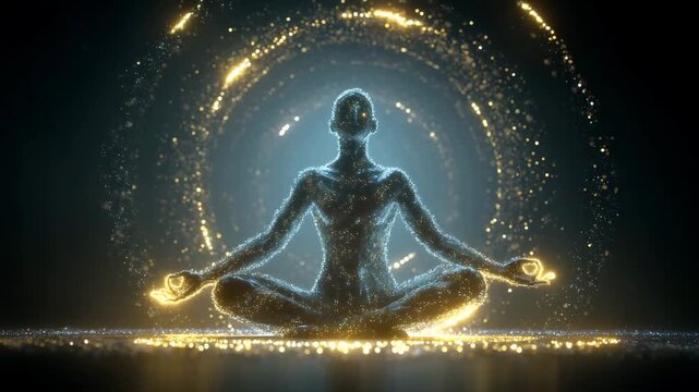 statue of a man in a yoga pose with a golden circle behind him