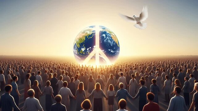 A large crowd of diverse people holding hands, looking at a glowing Earth with a peace sign. A white dove flies above, symbolizing global unity and hope for world peace.