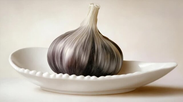 A dark-hued garlic bulb in an oval white dish