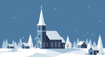 Fototapeta premium Winter scene with church snowy village landscape digital illustration peaceful environment aesthetic viewpoint. Vector illustration