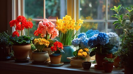 Colorful Flower Pots on Windowsill in Bright Sunlight