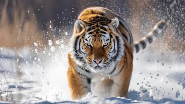 A majestic tiger charges forward through deep snow, scattering powdery flakes in its powerful stride