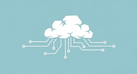White cloud icon with circuit board connections, representing cloud computing, technology, and data storage on a light blue background.
