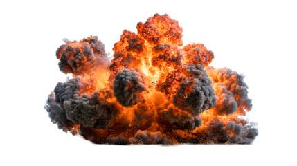 Massive fire and smoke explosion with debris scattering outward