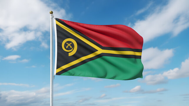 Vanuatu flag waving proudly in the wind against a vibrant blue sky with fluffy white clouds, freedom