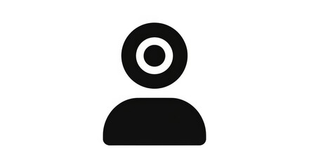 A simple black icon of a person's silhouette with a webcam lens as a head, symbolizing a user or online presence.