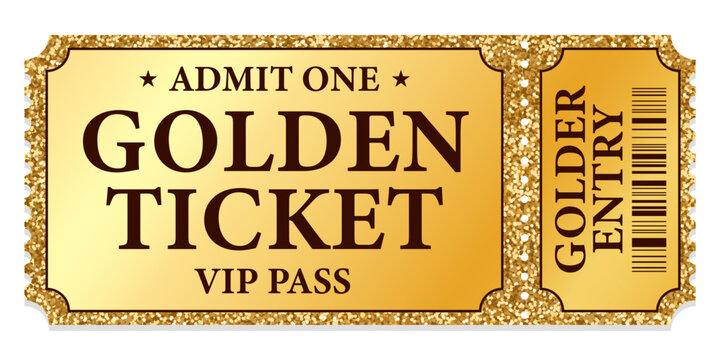 Golden glittering stub vip ticket (tear-off) template. Useful for any festival, party, concert, cinema, birthday event, entertainment show