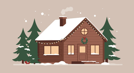 Fototapeta premium Cozy winter cabin retreat snowy landscape digital artwork festive environment peaceful viewpoint holiday concept. Vector illustration