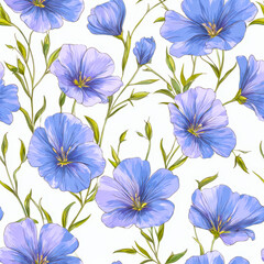 Elegant blue morning glories with green foliage in a seamless botanical pattern