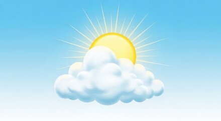 Sunny day, bright sun peeking through fluffy white cloud against a clear blue sky.