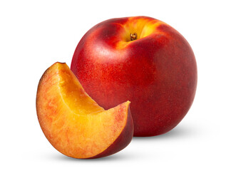 Nectarine peach fruits and slice isolated. Nektarine and cut with clipping path, full depth of...